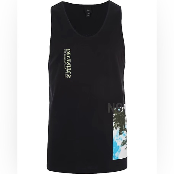 River Island Mens Black Graphic Print Slim Fit Tank Tops - Picture 2 of 5